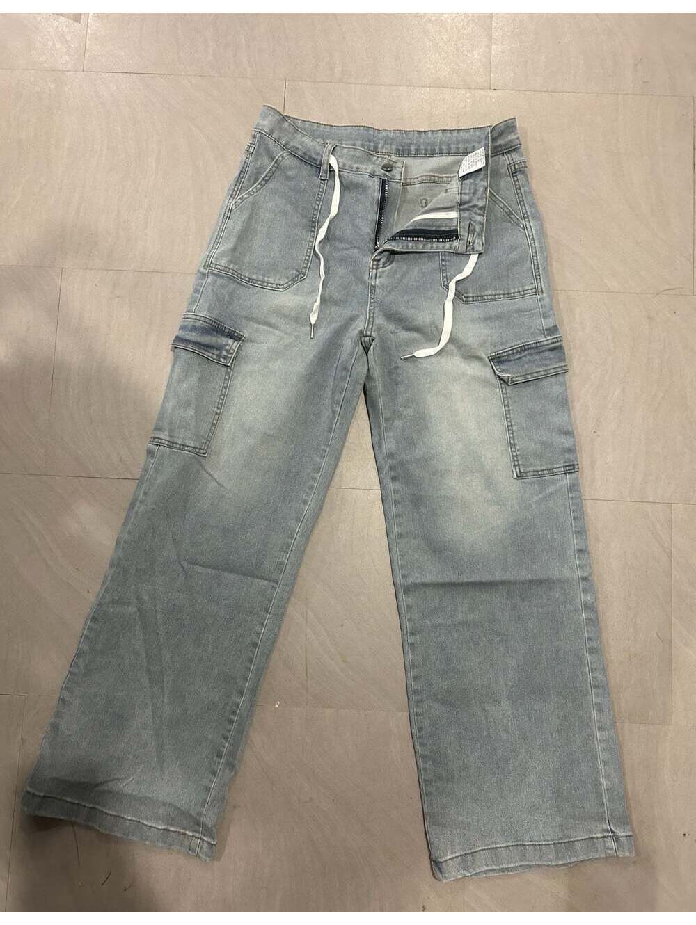 Light Wash Baggy Carpenter Cargo Jeans with Drawstring Waist